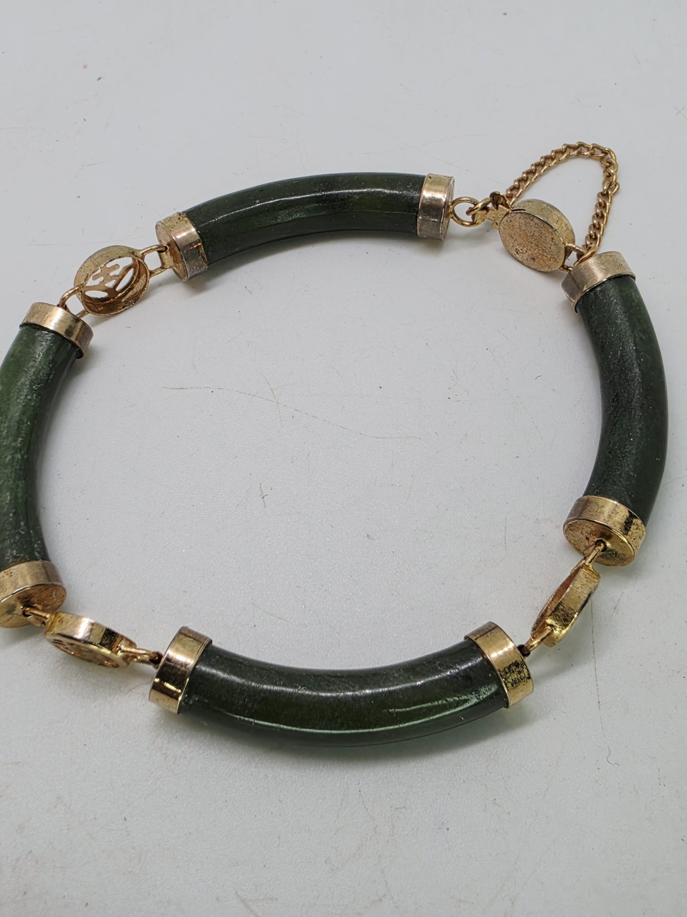 Vintage Nephrite Jade Gold Tone Asian Tube Panel Chain Link Lucky Bracelet 7.5"